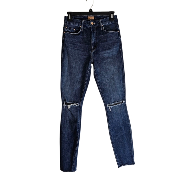 MOTHER High Waisted Looker Ankle Fray Skinny Blue Distressed Jeans 25 Preowned - Picture 1 of 10